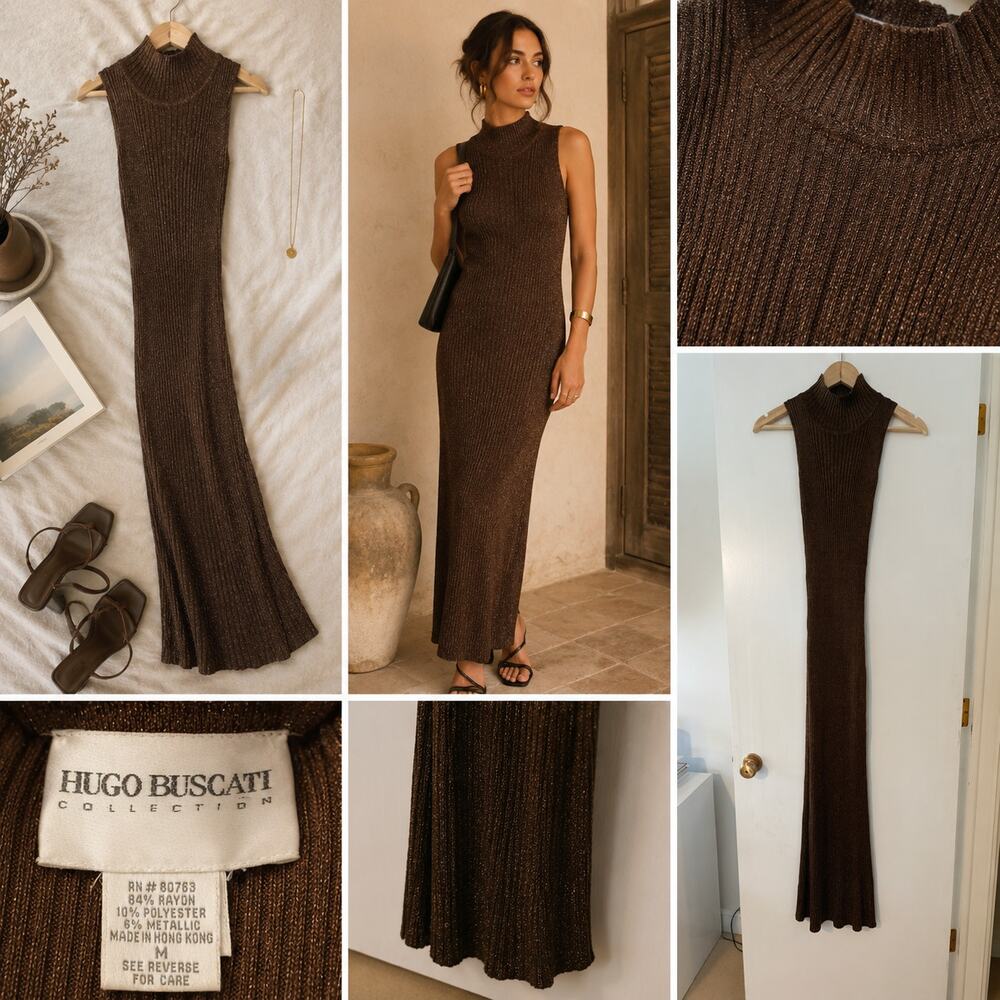 Vintage Hugo Buscati Bronze Metallic Rib Knit Maxi Dress Mock Neck M ✨